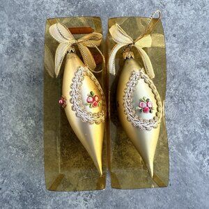 Vintage West Germany Gold Floral Glass Teardrop Christmas Ornaments 6” Set Of 2